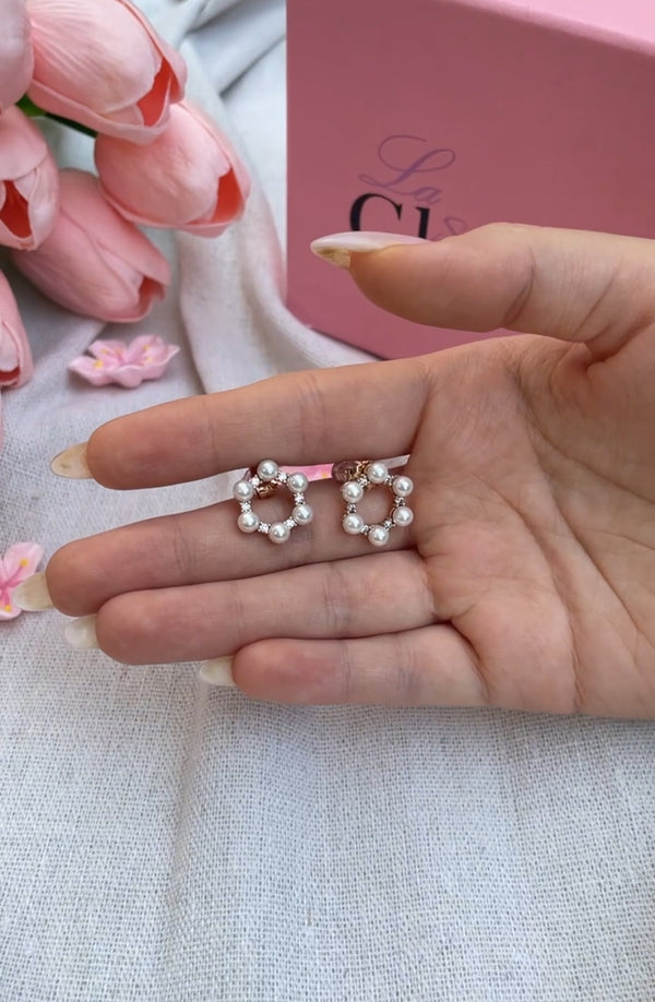 حلق دائري باللؤلؤ والذهب الوردي